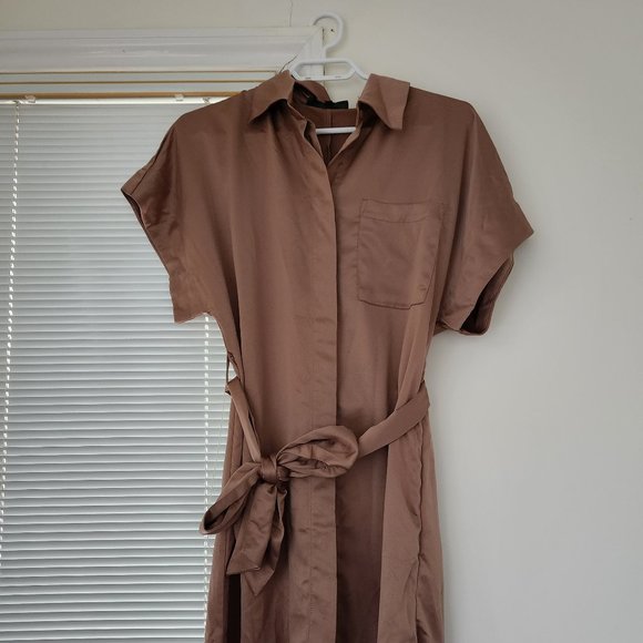 Light Satin Brown Belted Shirt Dress - Picture 2 of 3